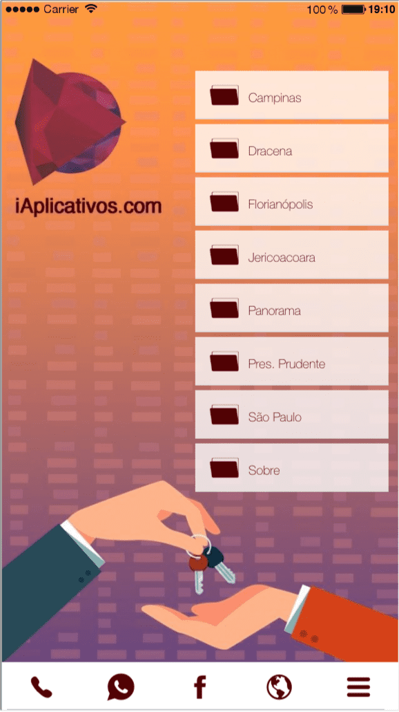 Tela com opções de contato rápido